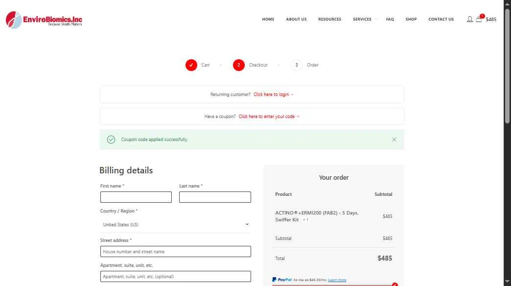 EnviroBiomics checkout page showing EnviroBiomics coupon code box | Screenshot taken by SimplyCodes community member on Oct 27, 2025