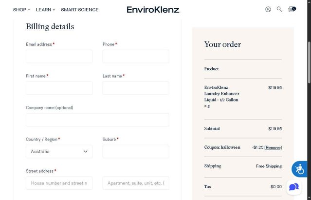 EnviroKlenz checkout page showing EnviroKlenz coupon code box | Screenshot taken by SimplyCodes community member on Aug 23, 2025