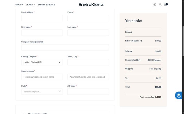 EnviroKlenz checkout page showing EnviroKlenz coupon code box | Screenshot taken by SimplyCodes community member on Jul 12, 2025