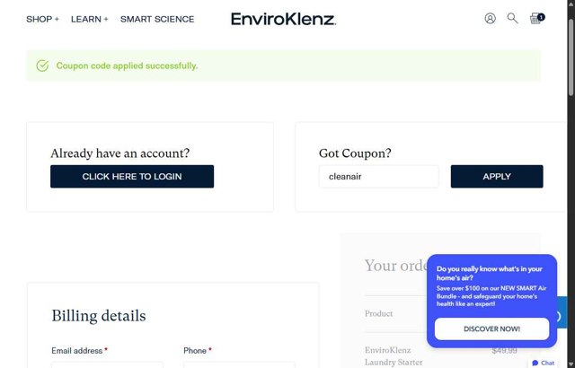 EnviroKlenz checkout page showing EnviroKlenz coupon code box | Screenshot taken by SimplyCodes community member on Aug 23, 2025