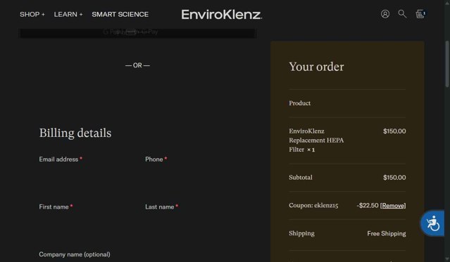 EnviroKlenz checkout page showing EnviroKlenz coupon code box | Screenshot taken by SimplyCodes community member on Jul 18, 2025