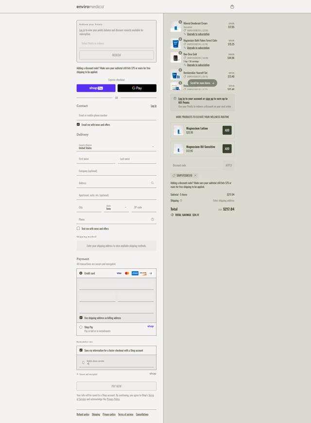 Enviromedica checkout page showing Enviromedica promo code box | Screenshot taken by SimplyCodes community member on Aug 25, 2025