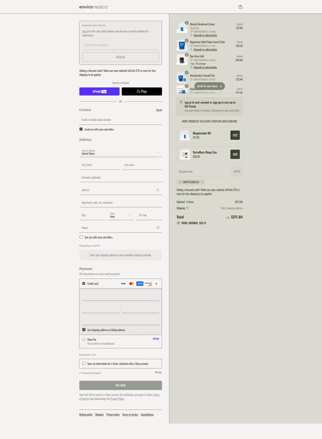 Enviromedica checkout page showing Enviromedica promo code box | Screenshot taken by SimplyCodes community member on Aug 20, 2025