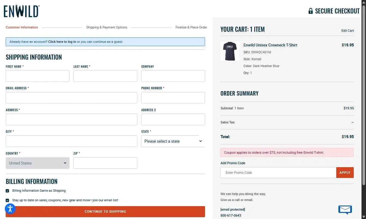 Enwild checkout page showing Enwild promo code box | Screenshot taken by SimplyCodes community member on Nov 15, 2025