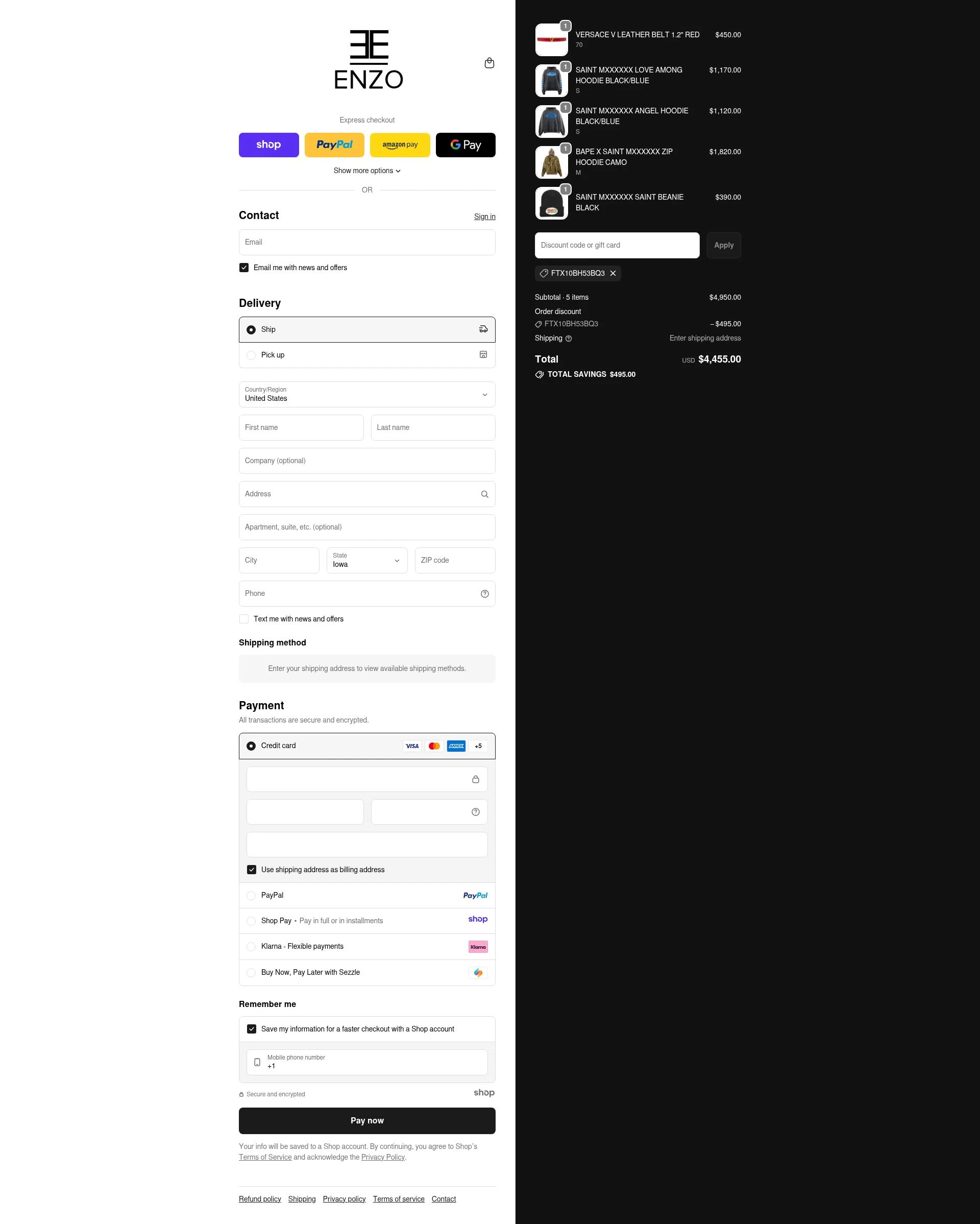 Enzo Clothing checkout page showing Enzo Clothing promo code box | Screenshot taken by SimplyCodes community member on Nov 14, 2025