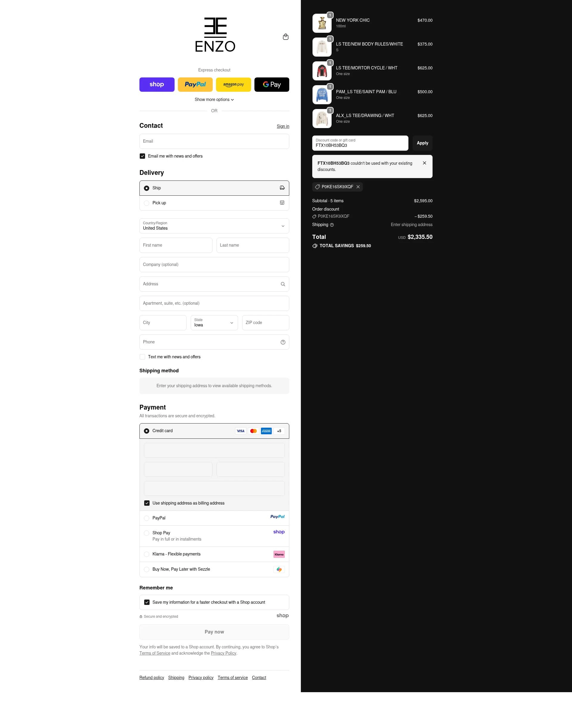 Enzo Clothing checkout page showing Enzo Clothing promo code box | Screenshot taken by SimplyCodes community member on Oct 23, 2025