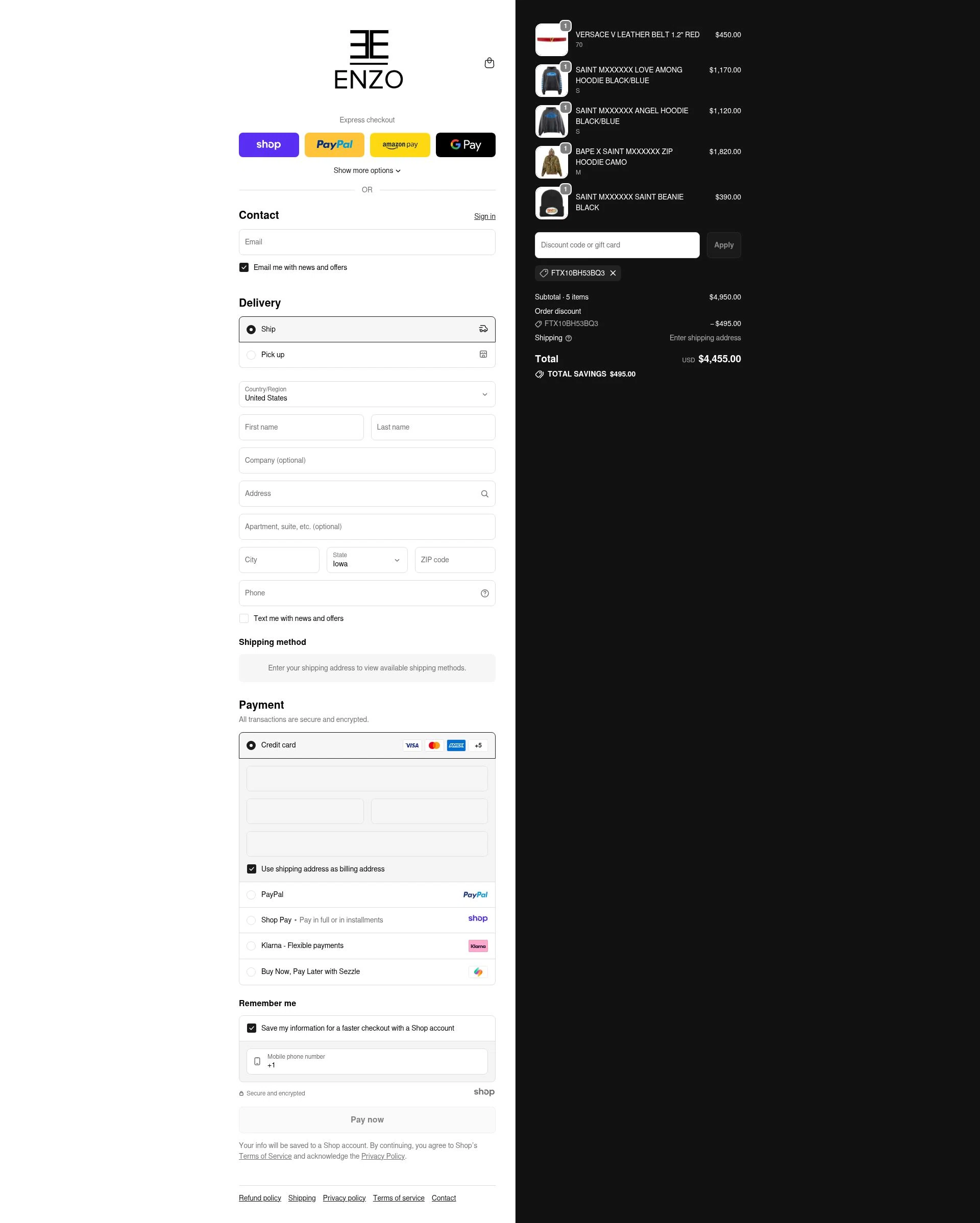 Enzo Clothing checkout page showing Enzo Clothing promo code box | Screenshot taken by SimplyCodes community member on Nov 19, 2025