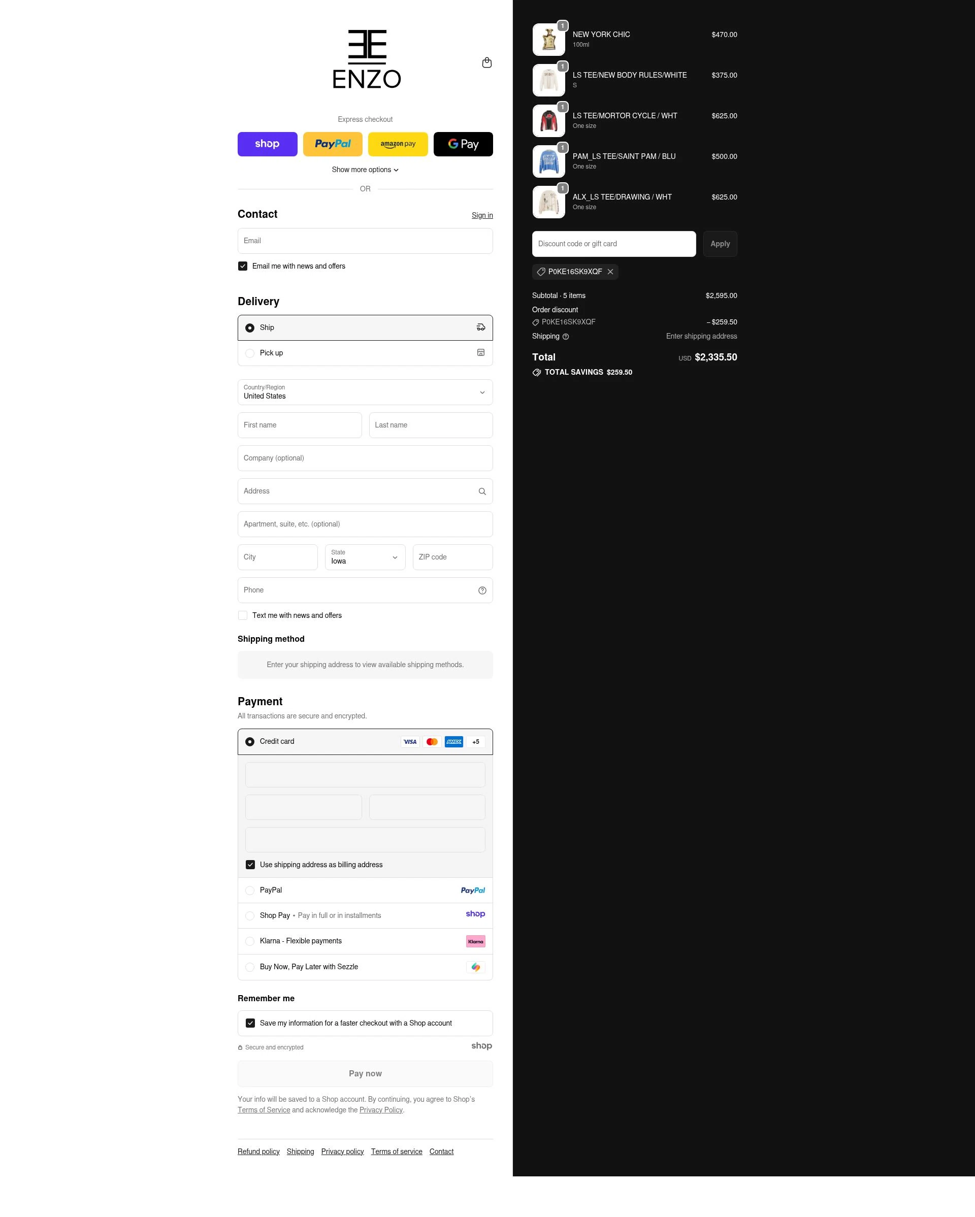 Enzo Clothing checkout page showing Enzo Clothing promo code box | Screenshot taken by SimplyCodes community member on Nov 2, 2025