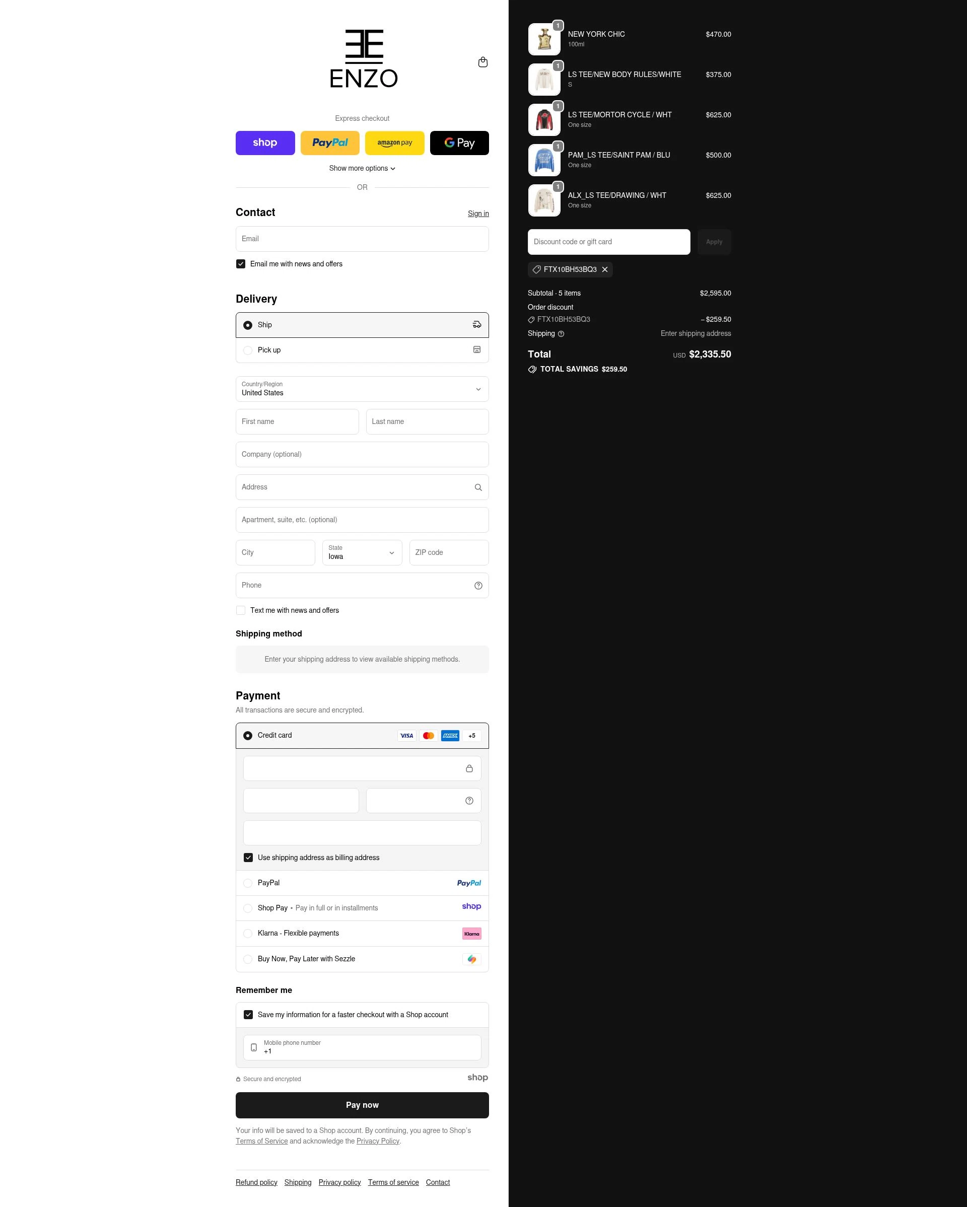 Enzo Clothing checkout page showing Enzo Clothing promo code box | Screenshot taken by SimplyCodes community member on Nov 2, 2025
