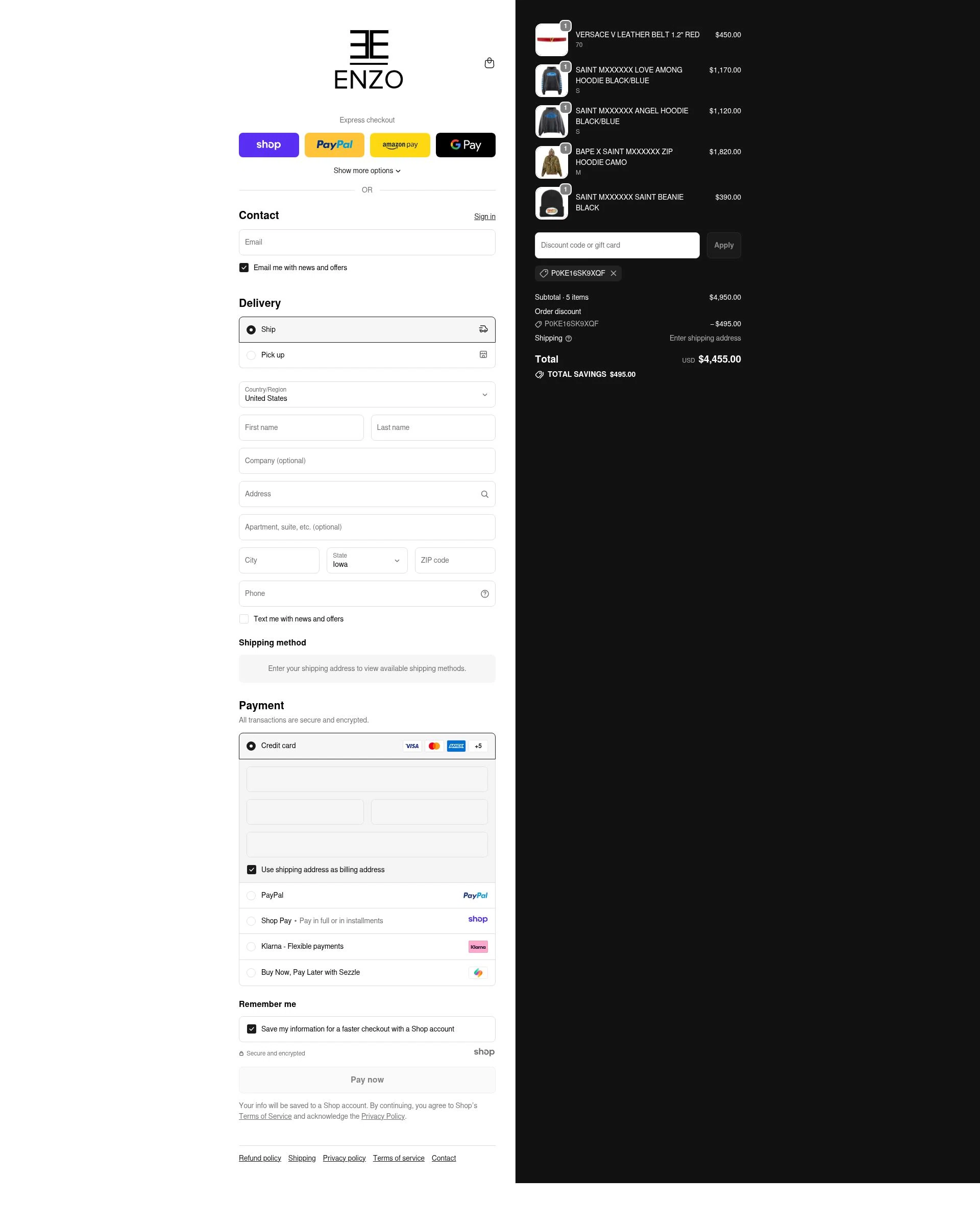 Enzo Clothing checkout page showing Enzo Clothing promo code box | Screenshot taken by SimplyCodes community member on Nov 14, 2025