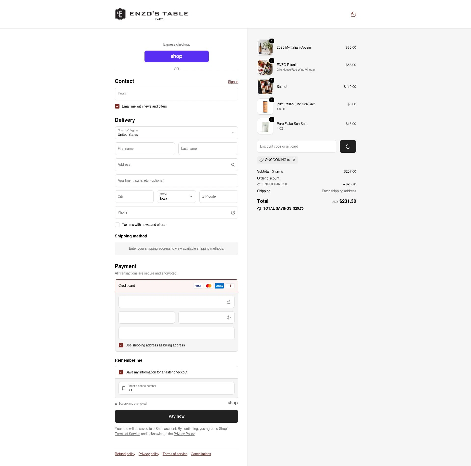 Enzo's Table checkout page showing Enzo's Table promo code box | Screenshot taken by SimplyCodes community member on Dec 26, 2025