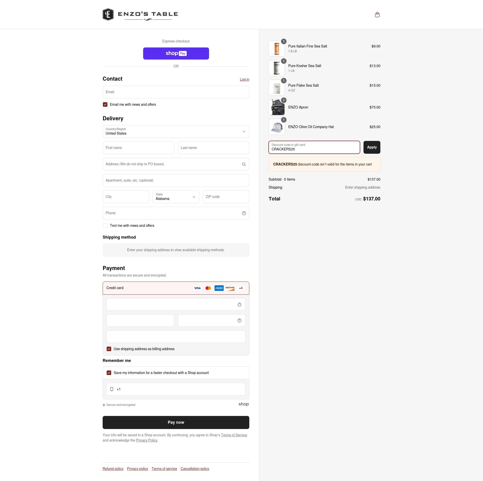 Enzo's Table checkout page showing Enzo's Table promo code box | Screenshot taken by SimplyCodes community member on May 21, 2025