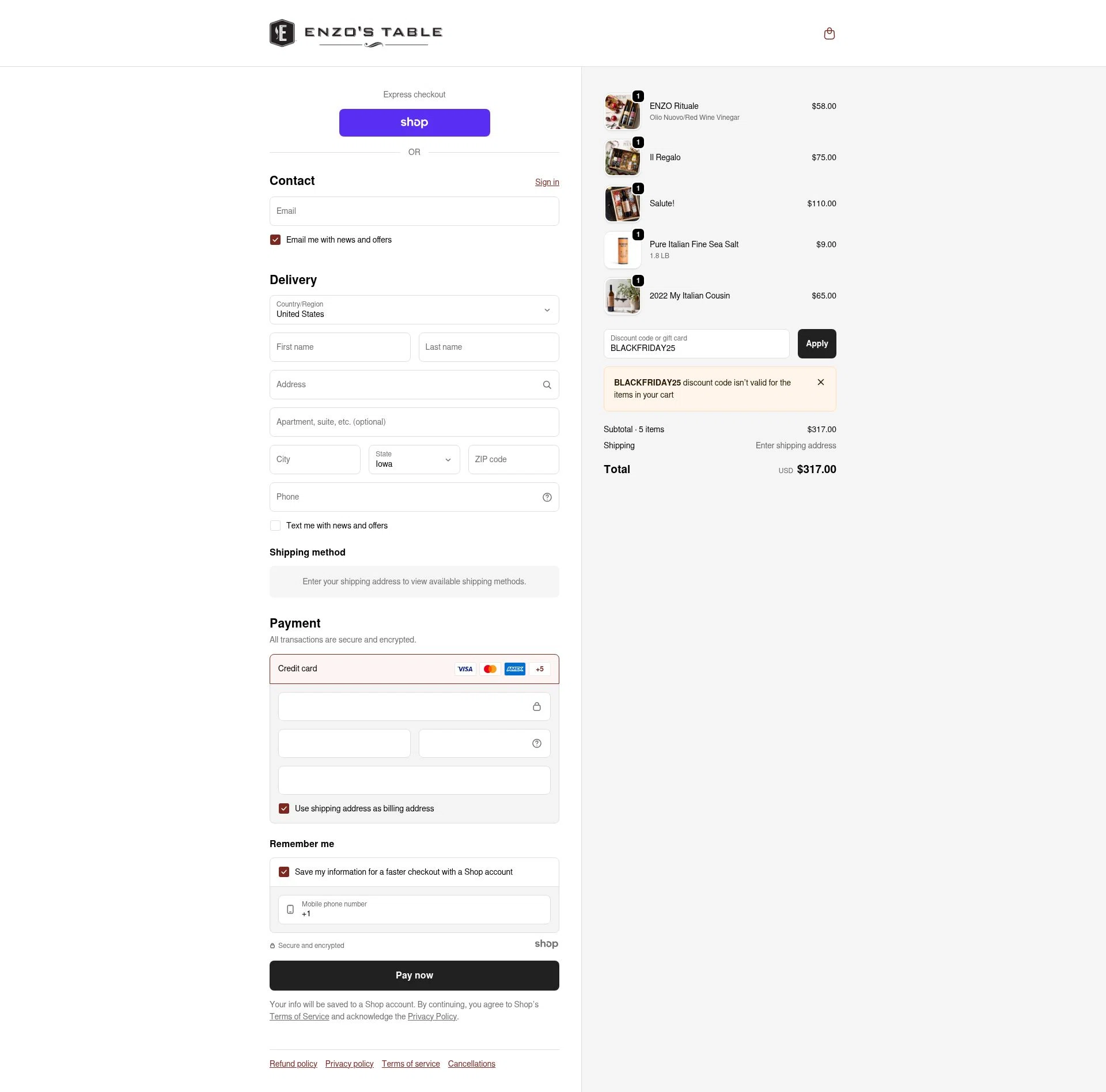 Enzo's Table checkout page showing Enzo's Table promo code box | Screenshot taken by SimplyCodes community member on Nov 27, 2025