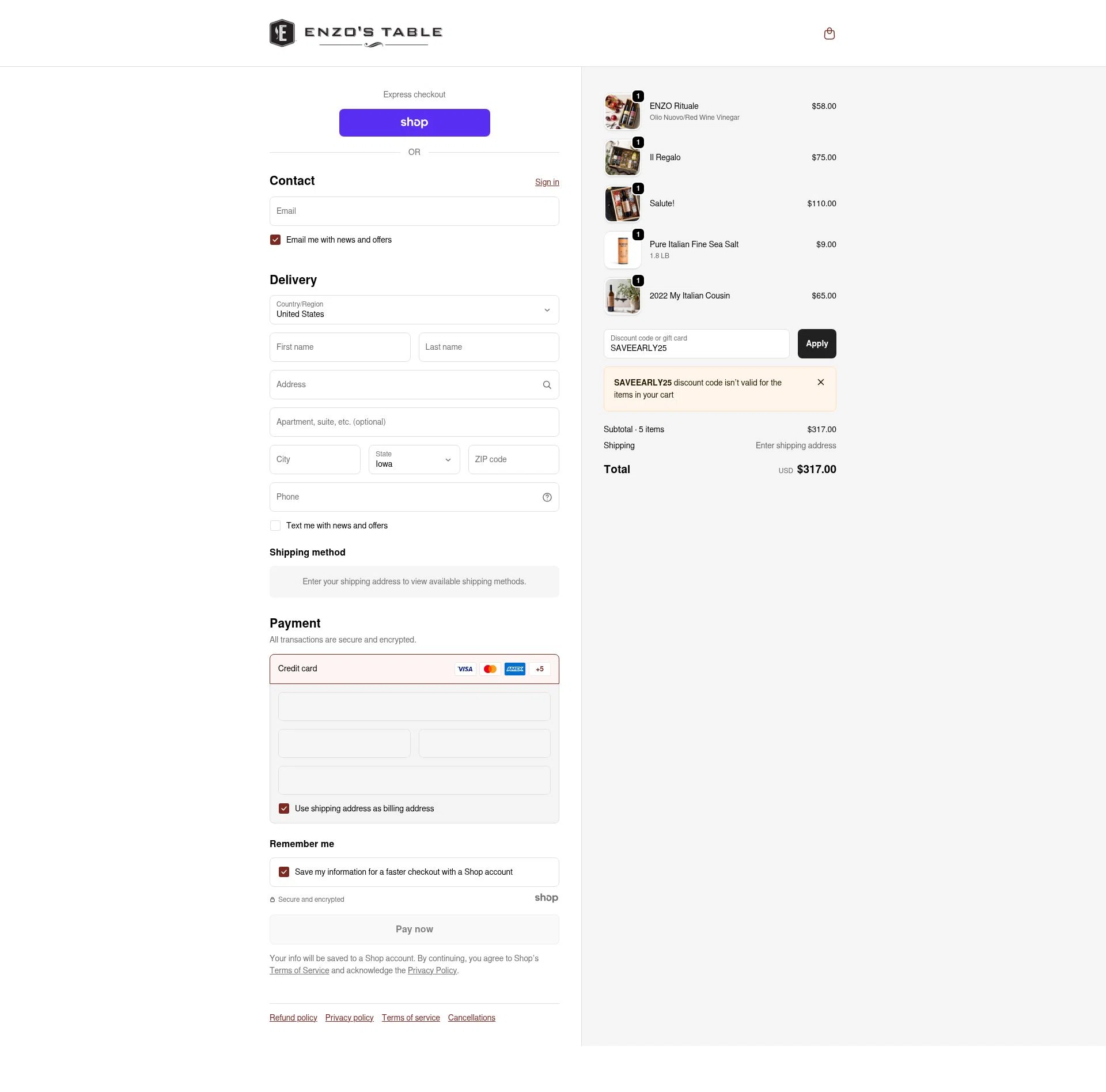 Enzo's Table checkout page showing Enzo's Table promo code box | Screenshot taken by SimplyCodes community member on Nov 6, 2025