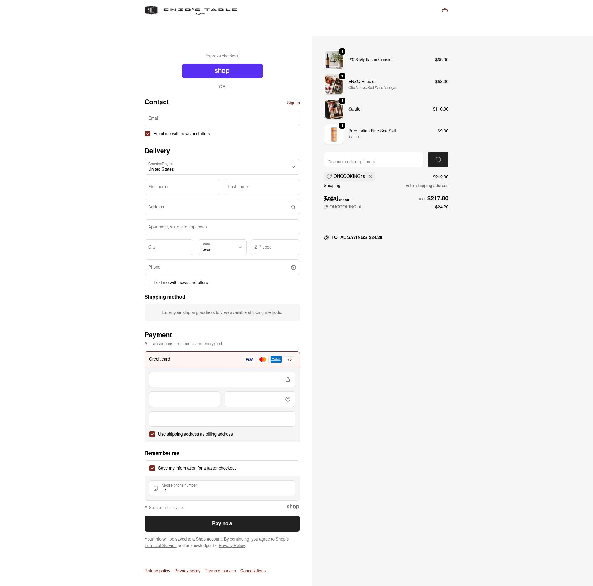 Enzo's Table checkout page showing Enzo's Table promo code box | Screenshot taken by SimplyCodes community member on Dec 31, 2025