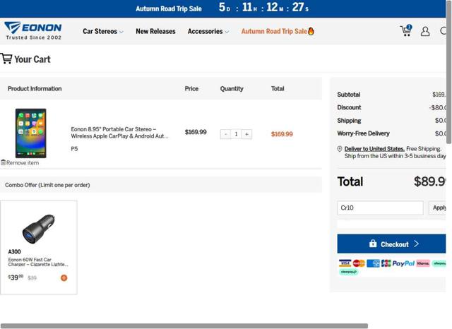 Eonon checkout page showing Eonon coupon code box | Screenshot taken by SimplyCodes community member on Sep 9, 2025
