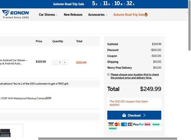Eonon checkout page showing Eonon coupon code box | Screenshot taken by SimplyCodes community member on Sep 9, 2025