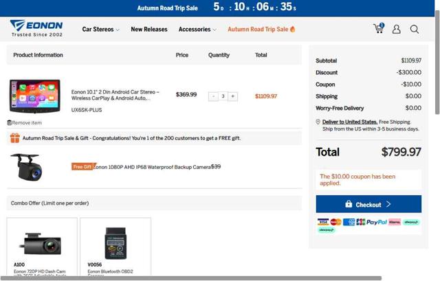 Eonon checkout page showing Eonon coupon code box | Screenshot taken by SimplyCodes community member on Sep 9, 2025