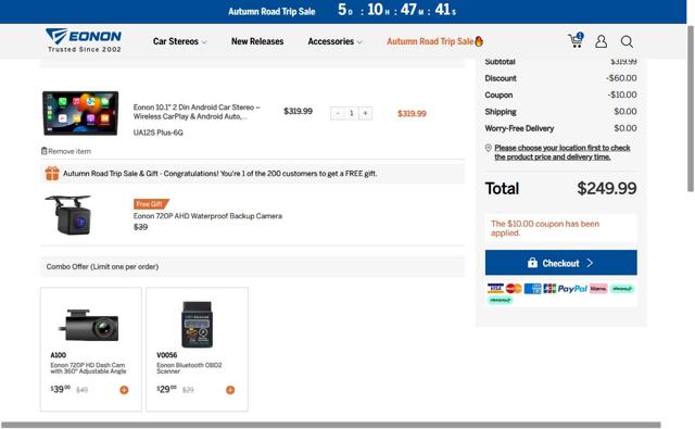 Eonon checkout page showing Eonon coupon code box | Screenshot taken by SimplyCodes community member on Sep 9, 2025