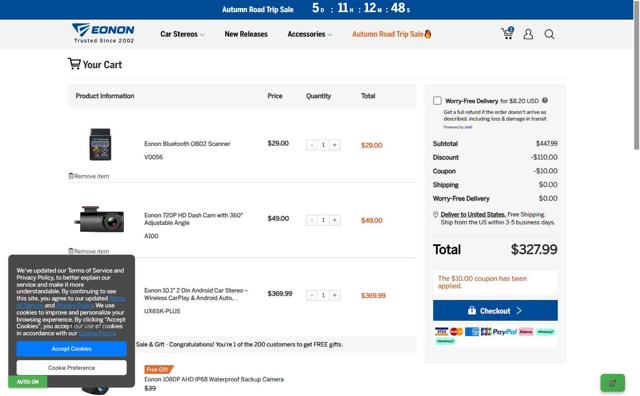 Eonon checkout page showing Eonon coupon code box | Screenshot taken by SimplyCodes community member on Sep 9, 2025