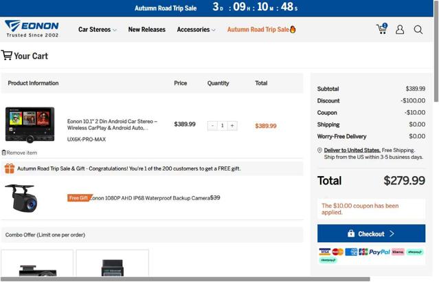 Eonon checkout page showing Eonon coupon code box | Screenshot taken by SimplyCodes community member on Sep 11, 2025