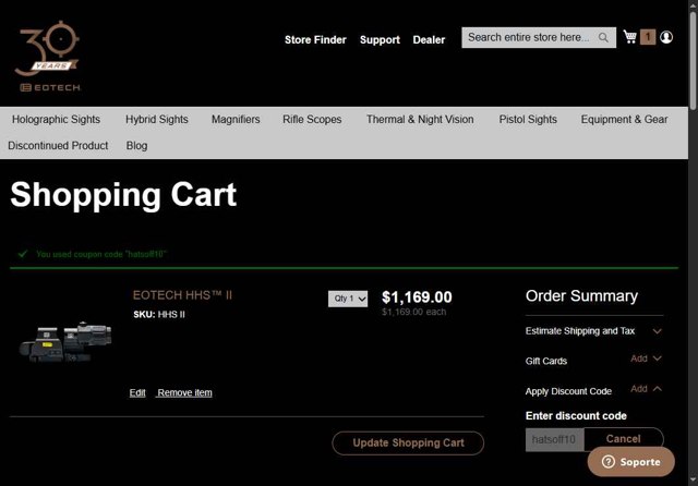 EOTech checkout page showing EOTech discount code box | Screenshot taken by SimplyCodes community member on Jun 14, 2025