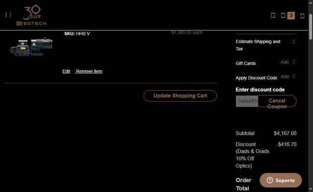 EOTech checkout page showing EOTech discount code box | Screenshot taken by SimplyCodes community member on Jun 14, 2025