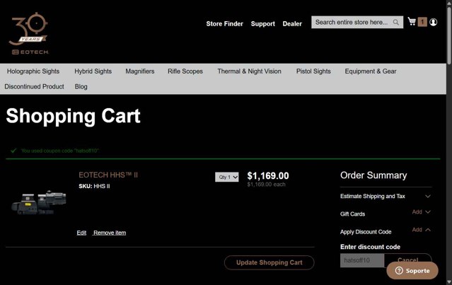 EOTech checkout page showing EOTech discount code box | Screenshot taken by SimplyCodes community member on Jun 14, 2025