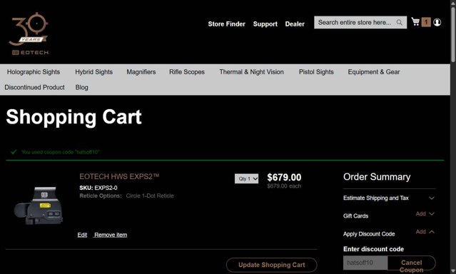 EOTech checkout page showing EOTech discount code box | Screenshot taken by SimplyCodes community member on Jun 14, 2025