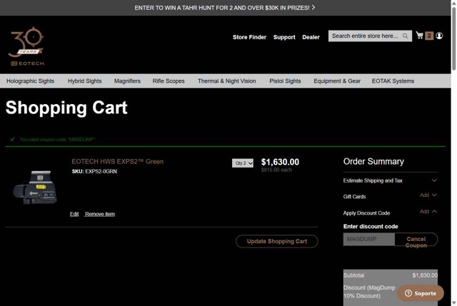 EOTech checkout page showing EOTech discount code box | Screenshot taken by SimplyCodes community member on Aug 25, 2025
