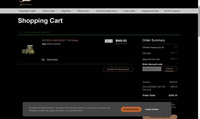 EOTech checkout page showing EOTech discount code box | Screenshot taken by SimplyCodes community member on Sep 6, 2025