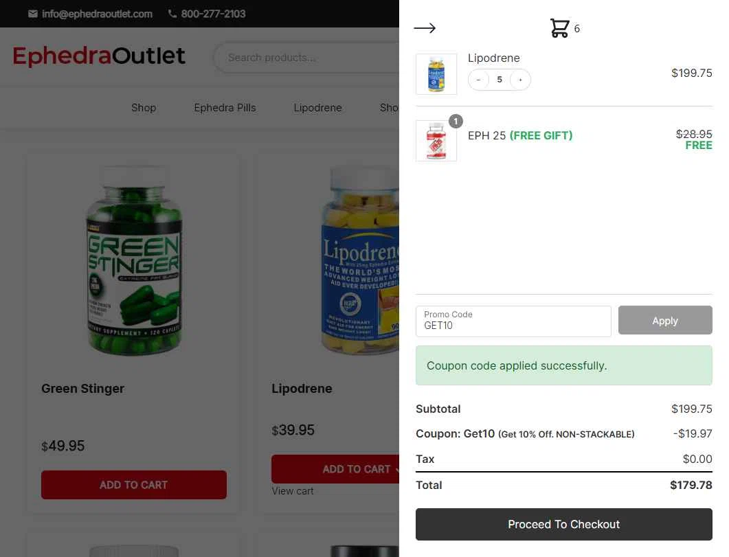 EphedraOutlet.com checkout page showing EphedraOutlet.com promo code box | Screenshot taken by SimplyCodes community member on Jun 27, 2025