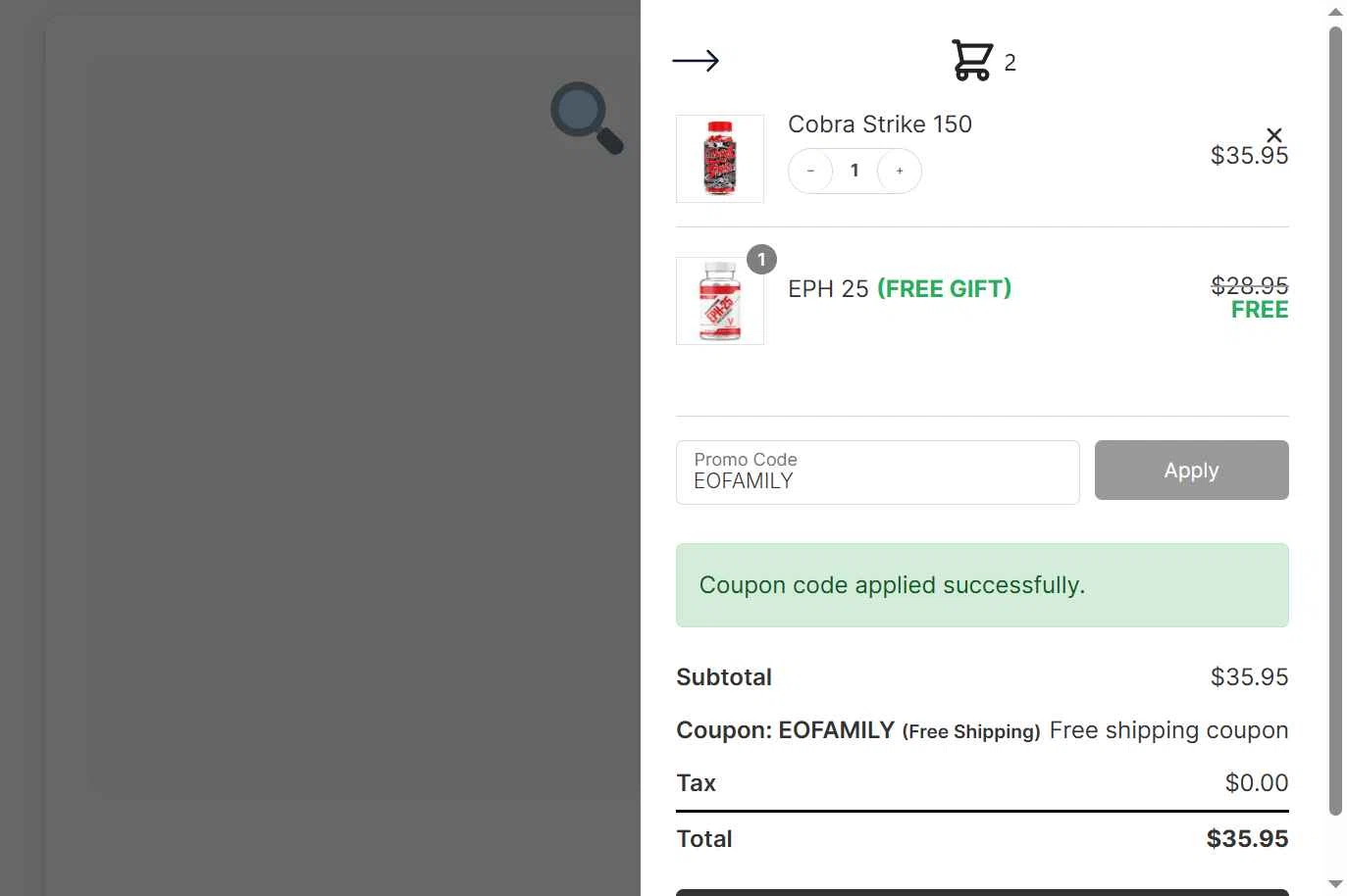 EphedraOutlet.com checkout page showing EphedraOutlet.com promo code box | Screenshot taken by SimplyCodes community member on Jul 7, 2025
