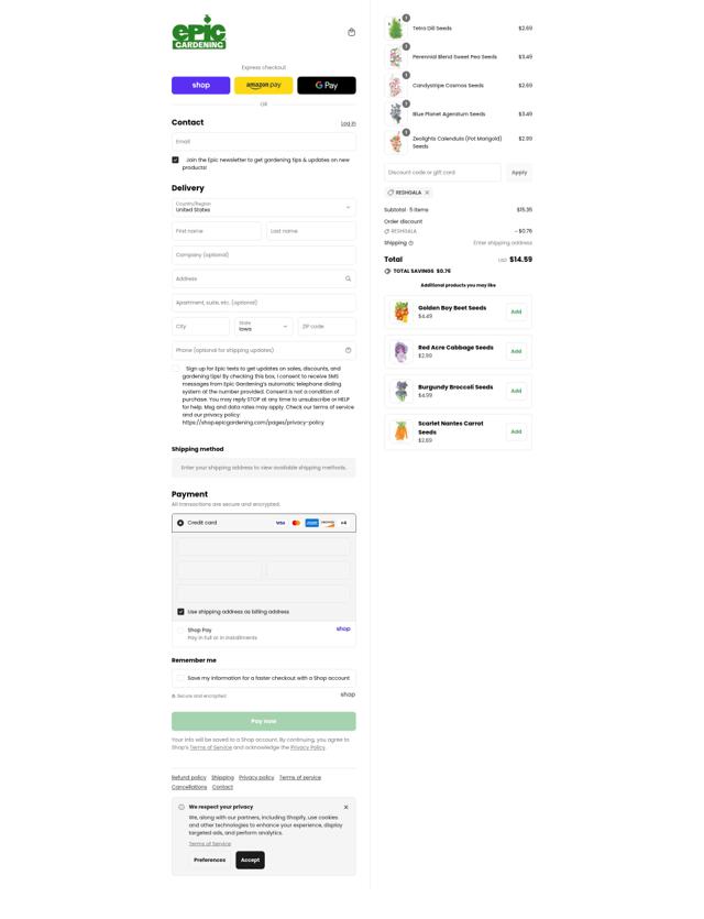 Epic Gardening checkout page showing Epic Gardening discount code box | Screenshot taken by SimplyCodes community member on Sep 3, 2025