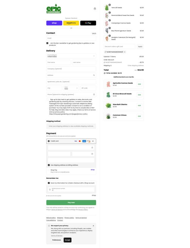 Epic Gardening checkout page showing Epic Gardening discount code box | Screenshot taken by SimplyCodes community member on Sep 8, 2025
