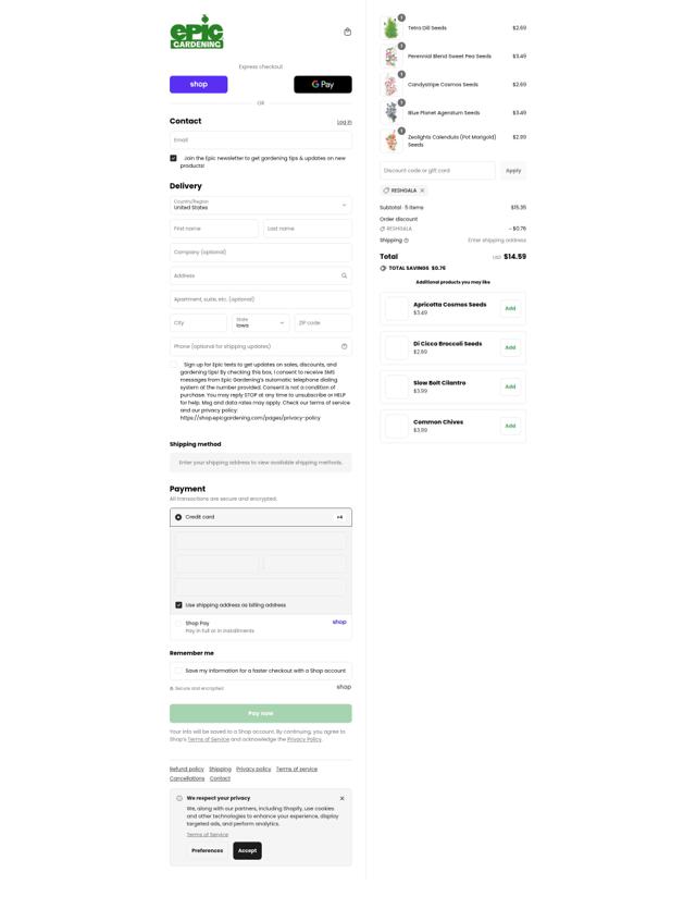 Epic Gardening checkout page showing Epic Gardening discount code box | Screenshot taken by SimplyCodes community member on Sep 8, 2025