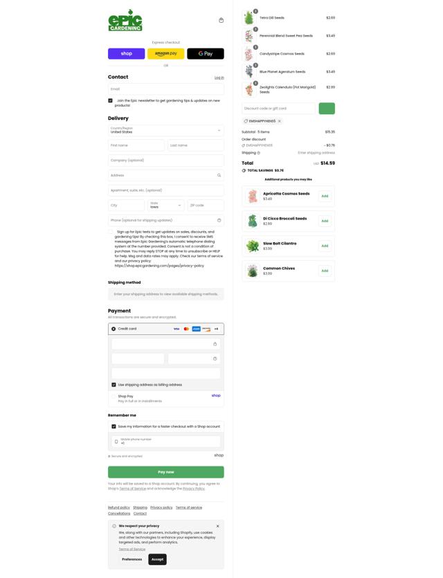 Epic Gardening checkout page showing Epic Gardening discount code box | Screenshot taken by SimplyCodes community member on Sep 8, 2025