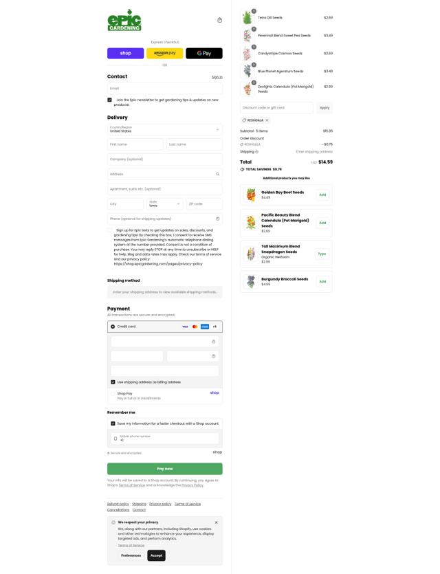 Epic Gardening checkout page showing Epic Gardening discount code box | Screenshot taken by SimplyCodes community member on Sep 12, 2025
