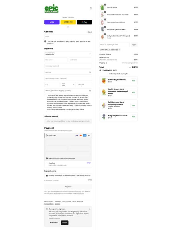 Epic Gardening checkout page showing Epic Gardening discount code box | Screenshot taken by SimplyCodes community member on Sep 12, 2025