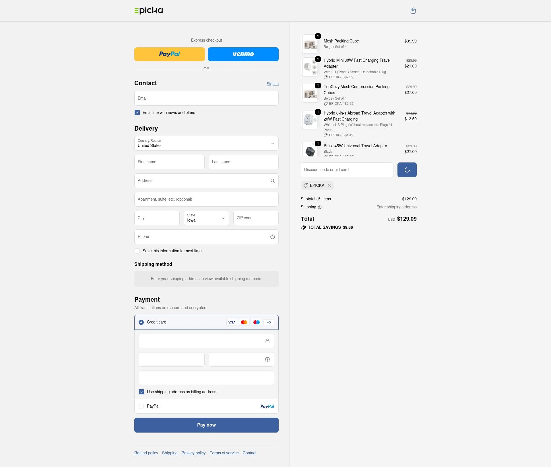 EPICKA Store checkout page showing EPICKA Store promo code box | Screenshot taken by SimplyCodes community member on Jan 3, 2026
