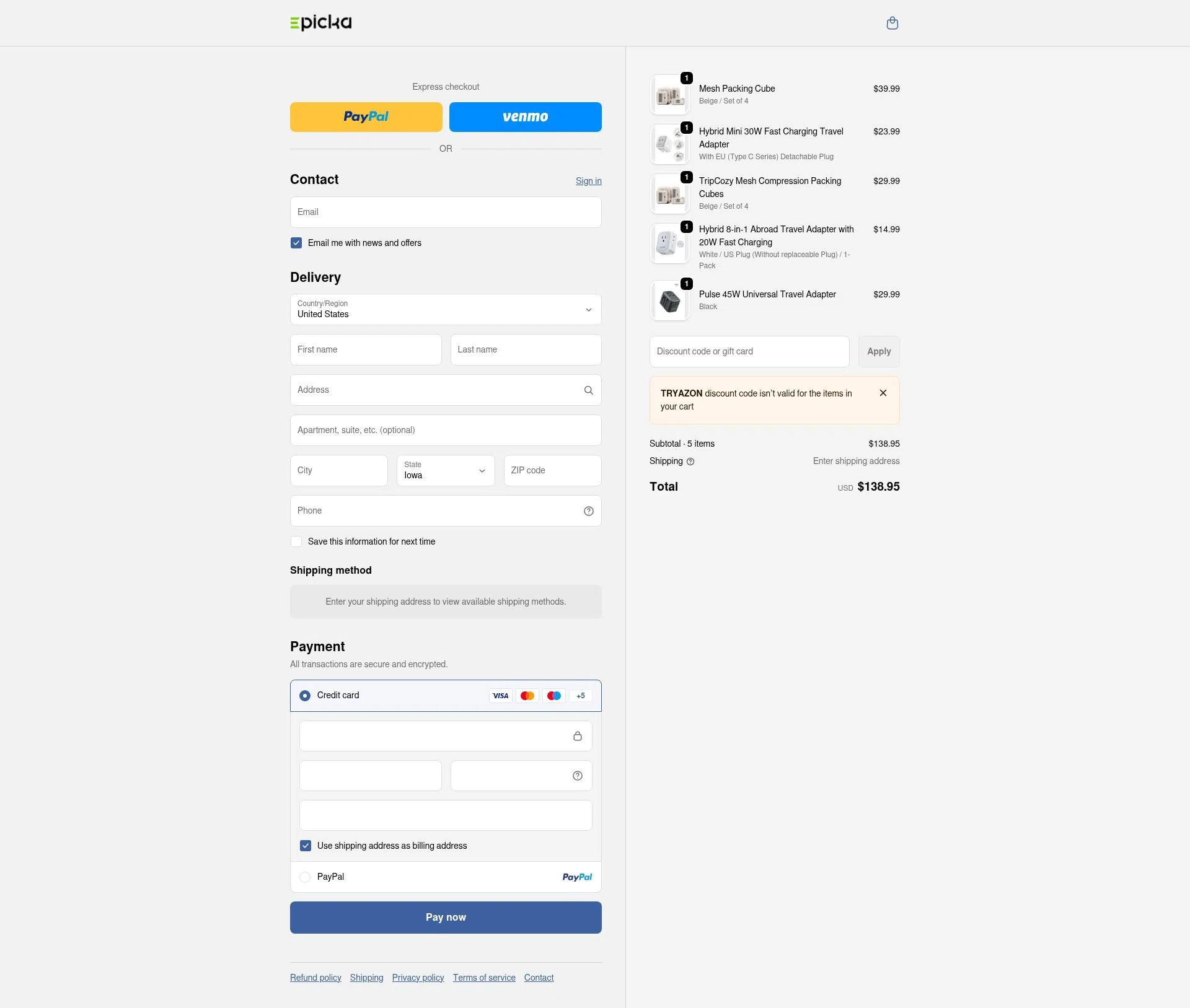 EPICKA Store checkout page showing EPICKA Store promo code box | Screenshot taken by SimplyCodes community member on Jan 3, 2026