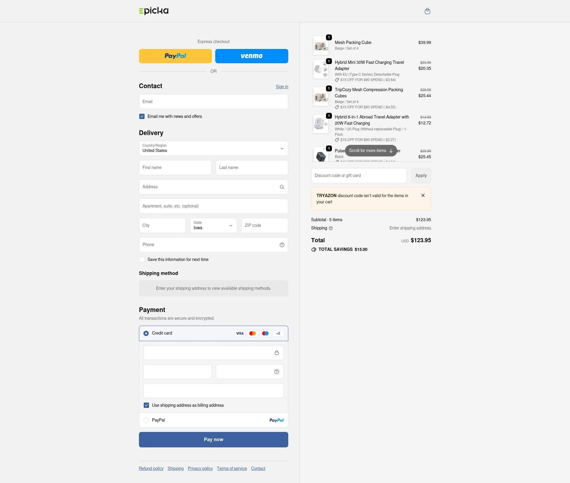 EPICKA Store checkout page showing EPICKA Store promo code box | Screenshot taken by SimplyCodes community member on Dec 29, 2025