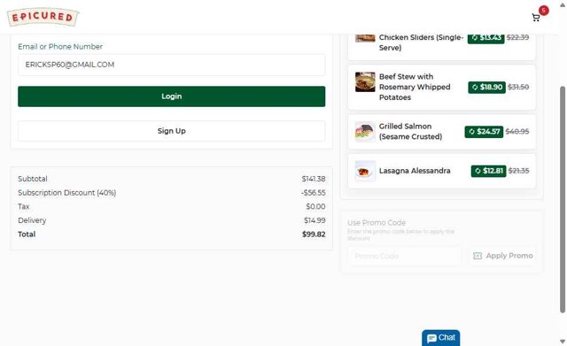 Epicured checkout page showing Epicured promo code box | Screenshot taken by SimplyCodes community member on May 24, 2025