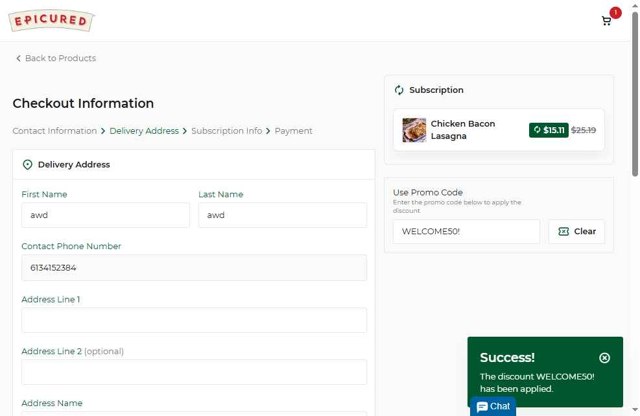 Epicured checkout page showing Epicured promo code box | Screenshot taken by SimplyCodes community member on Jun 20, 2025