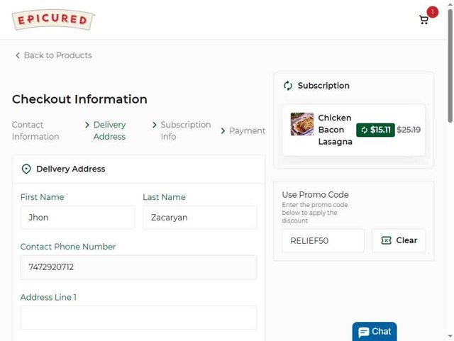 Epicured checkout page showing Epicured promo code box | Screenshot taken by SimplyCodes community member on Jul 11, 2025