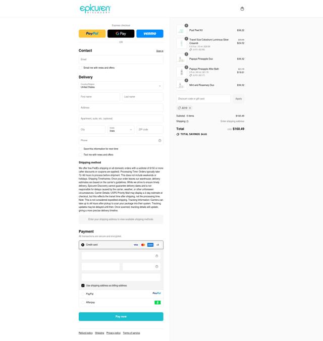 Epicuren checkout page showing Epicuren discount code box | Screenshot taken by SimplyCodes community member on Sep 13, 2025