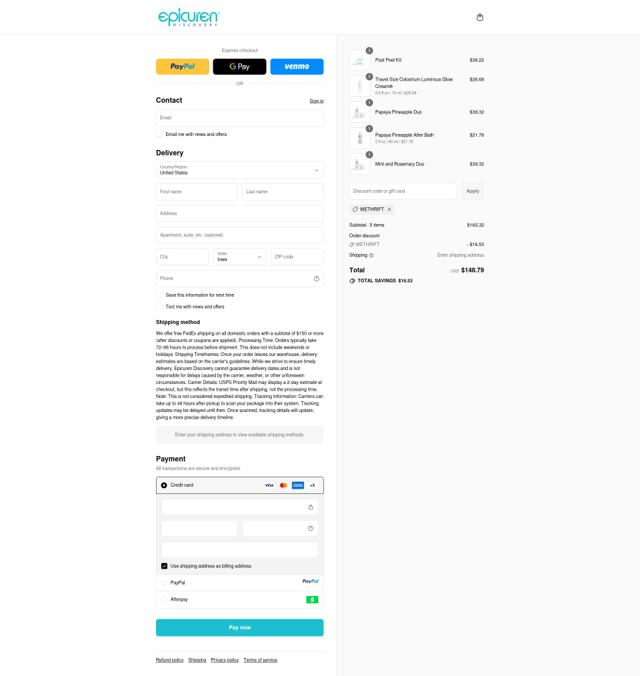Epicuren checkout page showing Epicuren discount code box | Screenshot taken by SimplyCodes community member on Sep 13, 2025