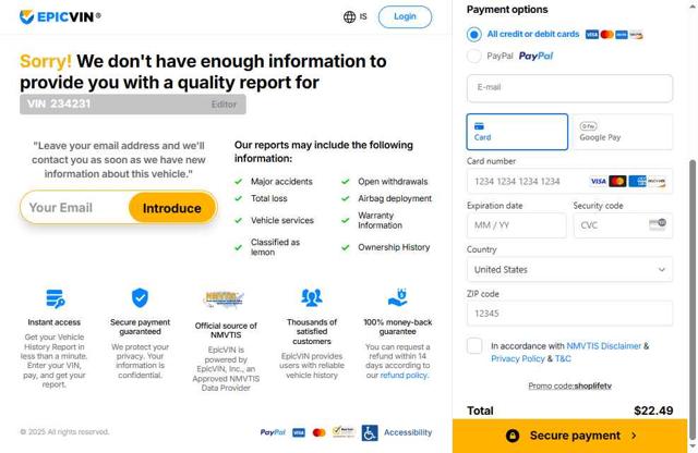 EpicVIN checkout page showing EpicVIN promo code box | Screenshot taken by SimplyCodes community member on Apr 25, 2025