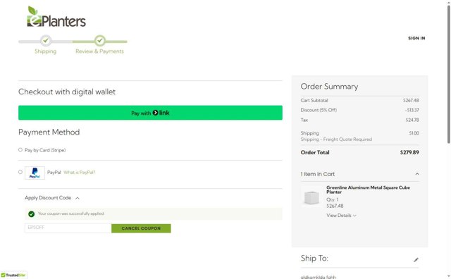 ePlanters checkout page showing ePlanters promo code box | Screenshot taken by SimplyCodes community member on Aug 11, 2025