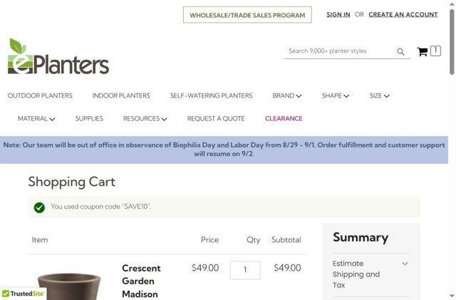 ePlanters checkout page showing ePlanters promo code box | Screenshot taken by SimplyCodes community member on Aug 27, 2025